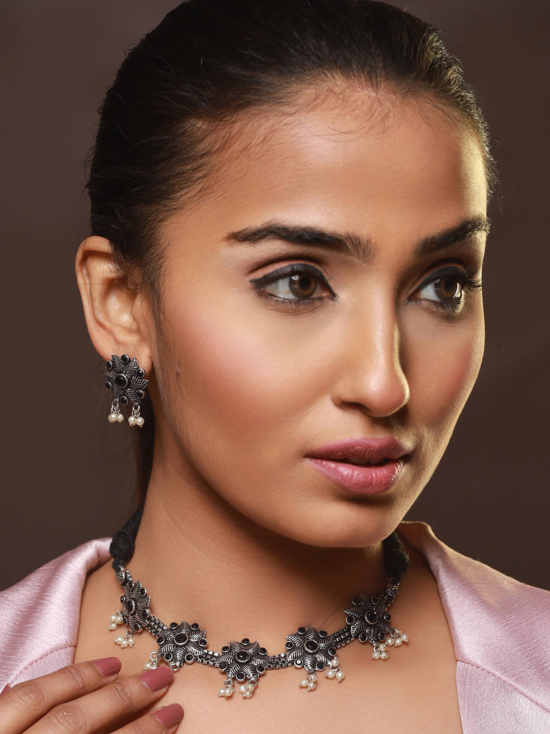 Oxidised Silver-Tone Black Stone Studded & Pearl Beaded Floral Jewellery Set