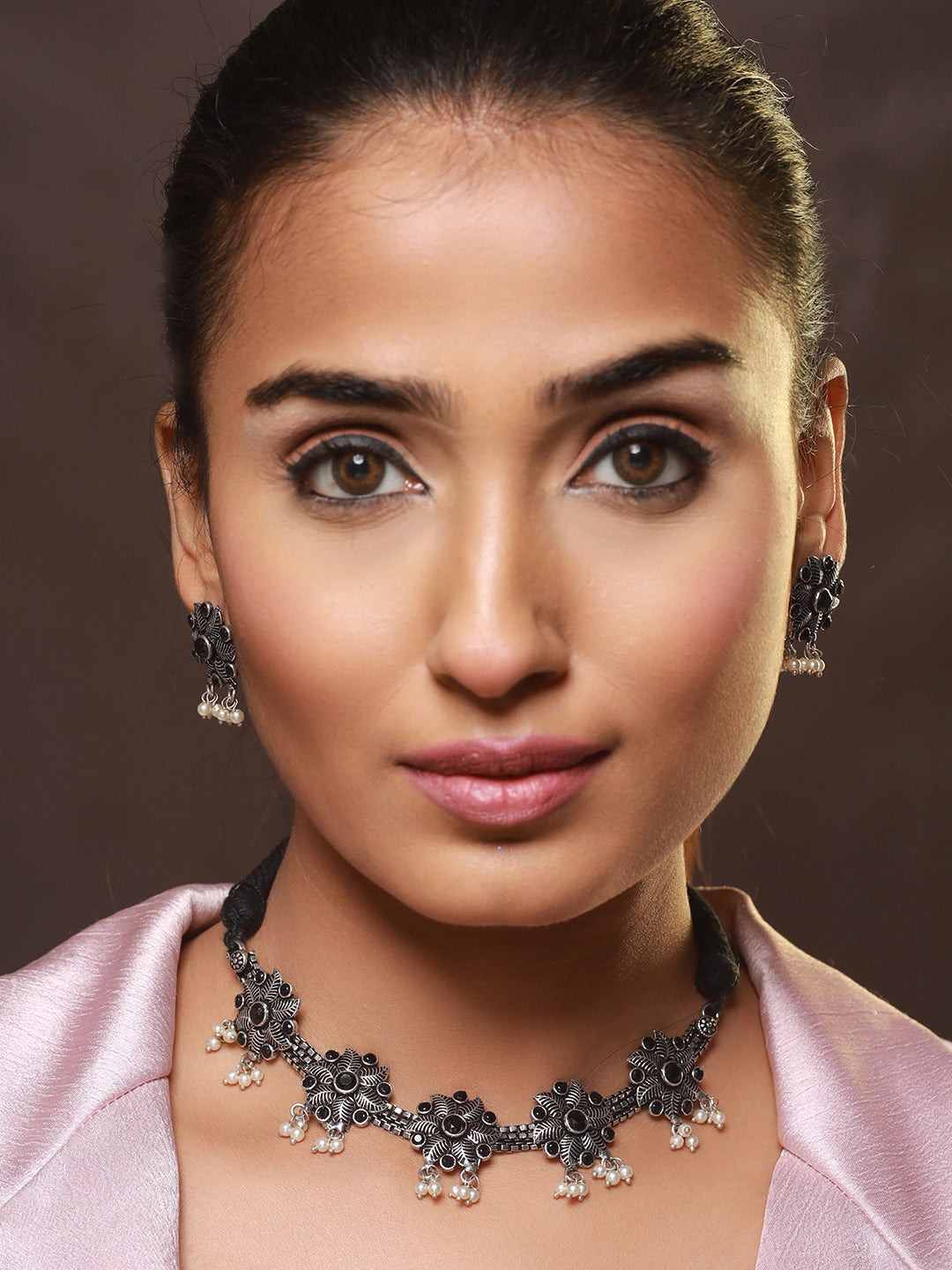 Oxidised Silver-Tone Black Stone Studded & Pearl Beaded Floral Jewellery Set