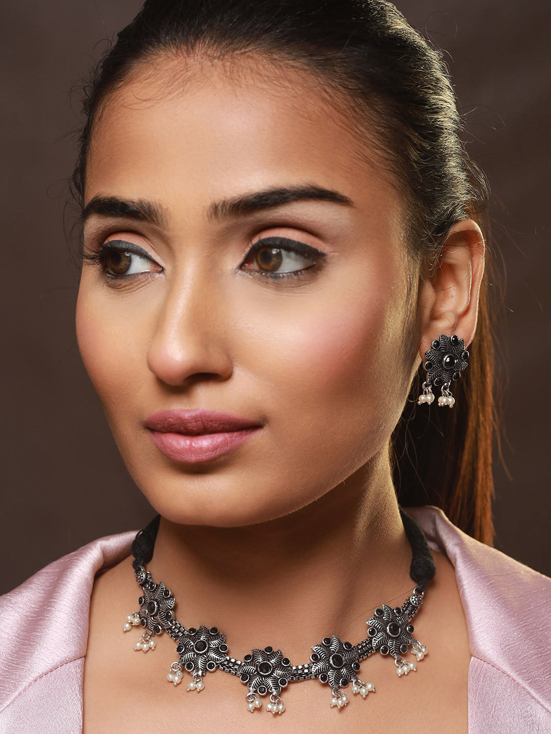 Oxidised Silver-Tone Black Stone Studded & Pearl Beaded Floral Jewellery Set