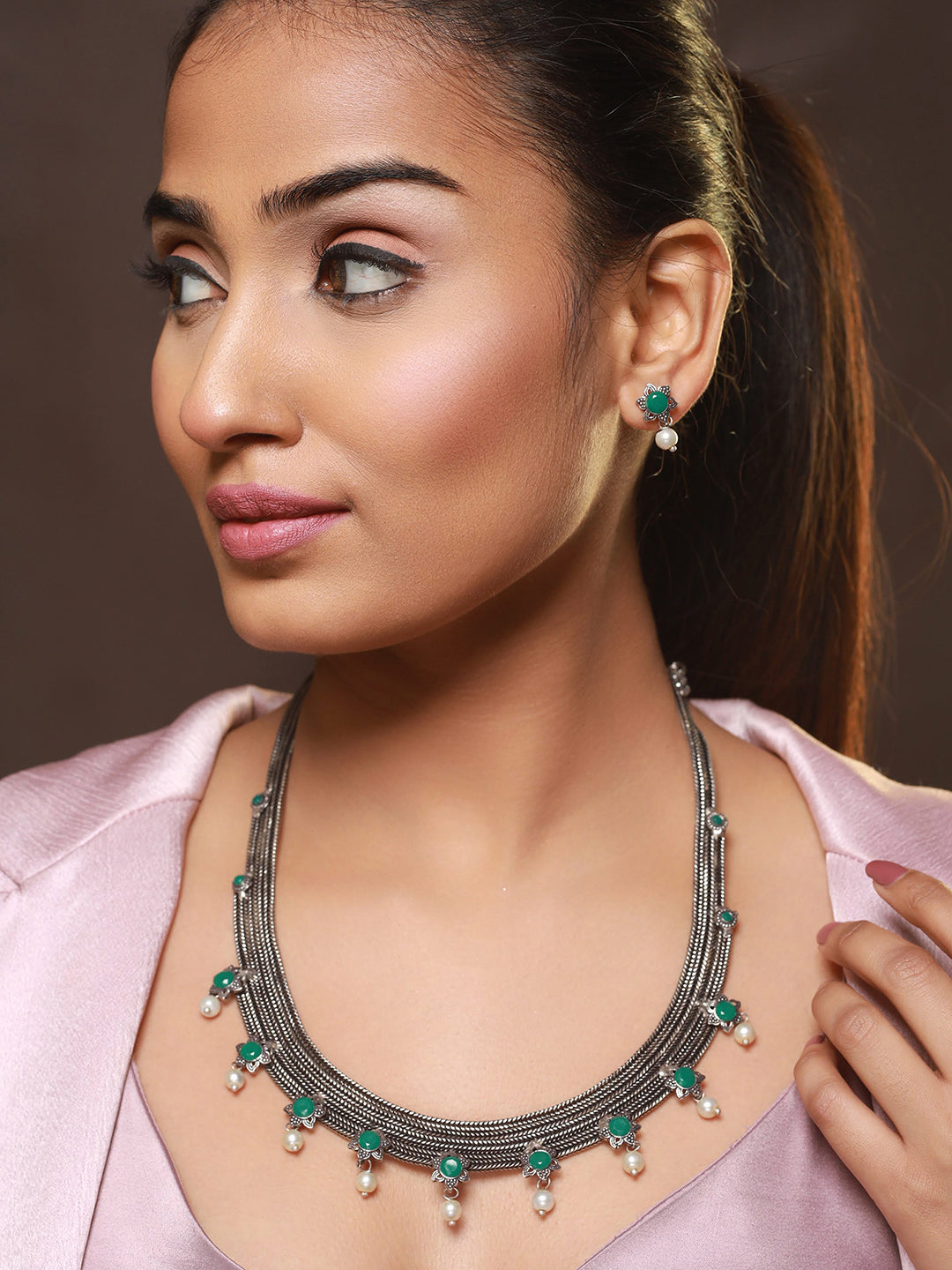 Oxidised Silver-Tone Green Stone Studded & Pearl Beaded Jewellery Set