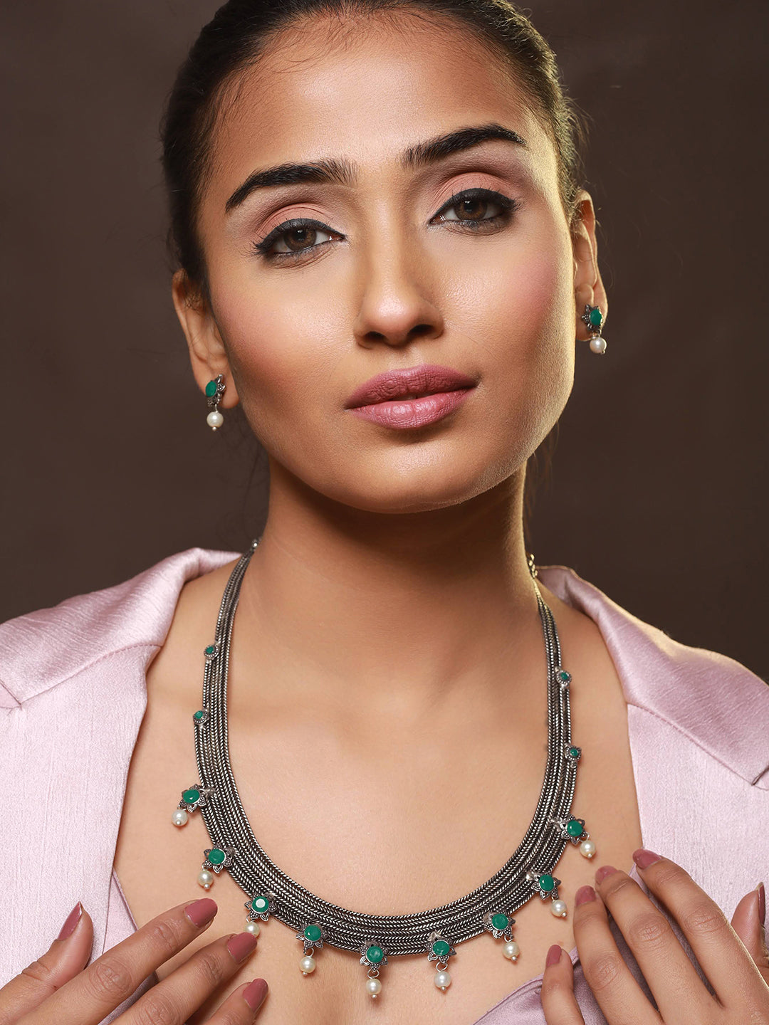 Oxidised Silver-Tone Green Stone Studded & Pearl Beaded Jewellery Set
