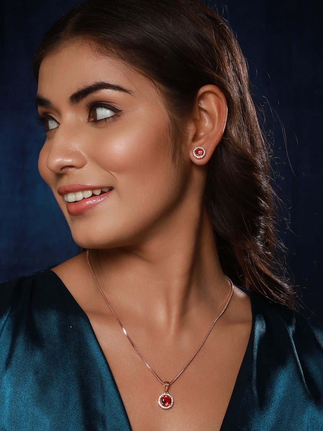 Jazz And Sizzle Rose Gold Plated Marron American Diamond-Studded Pendent Jewelry Set