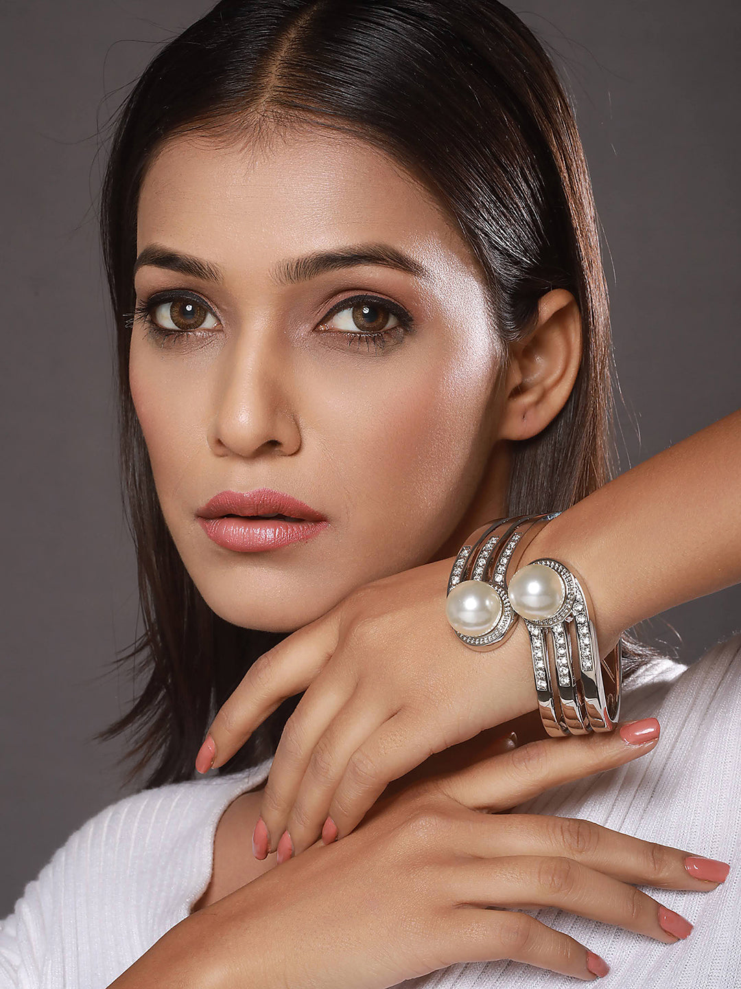 Silver-Plated Cz Studded White Pearls Cuff Bracelet