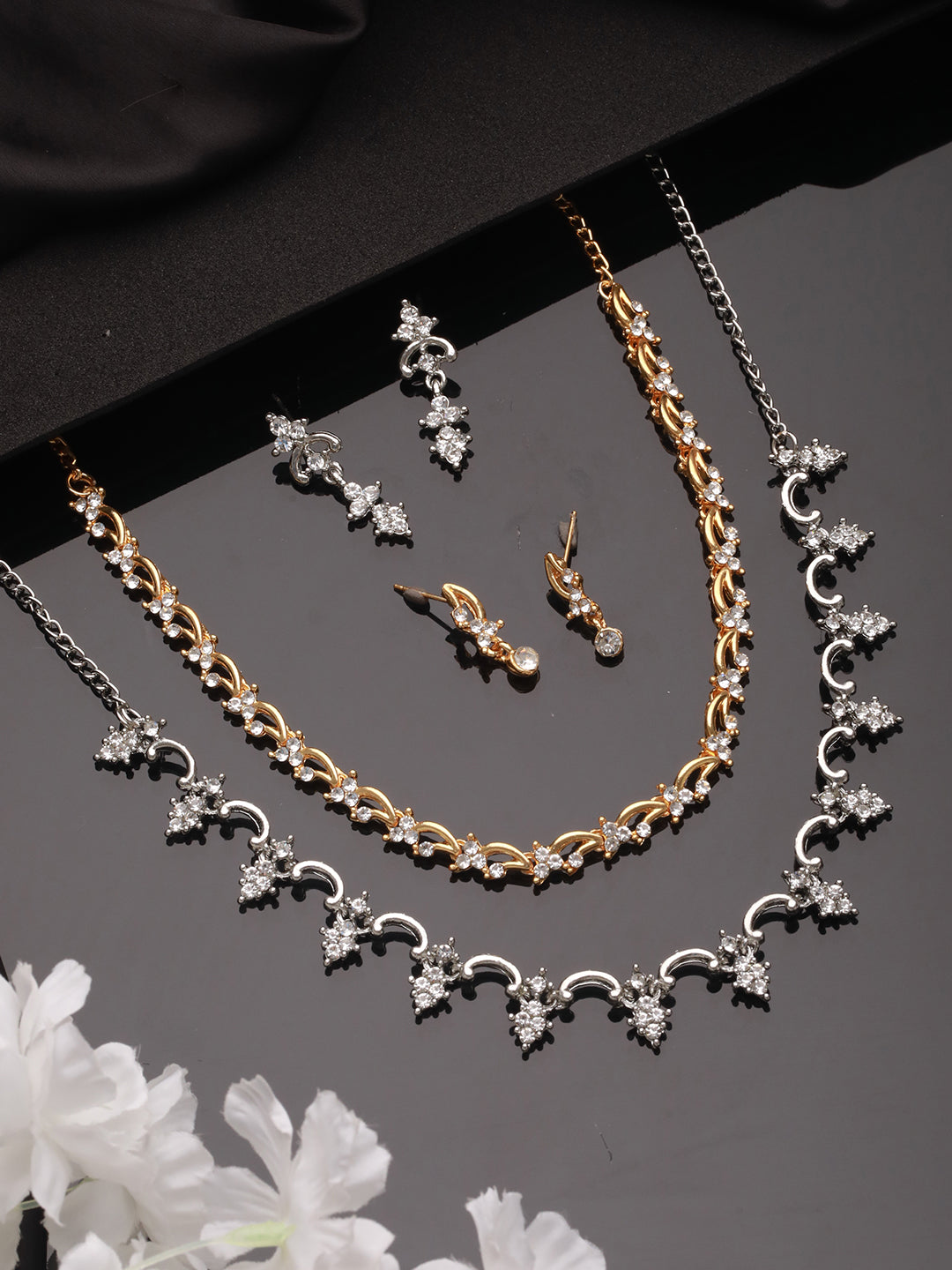 Jazz And Sizzle Set of 2 Gold & Silver Plated CZ Studded Jewelry Sets