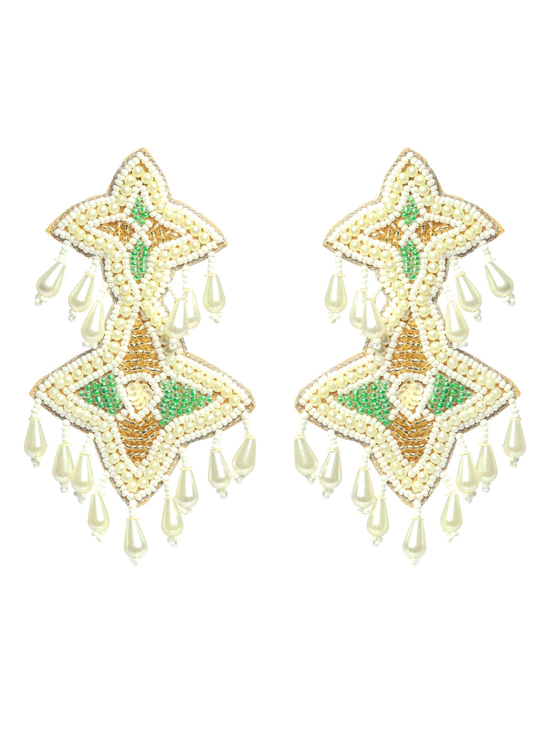 White Handwoven Beads & Green & Gold Studded Handcrafted Contemporary Drop Earrings