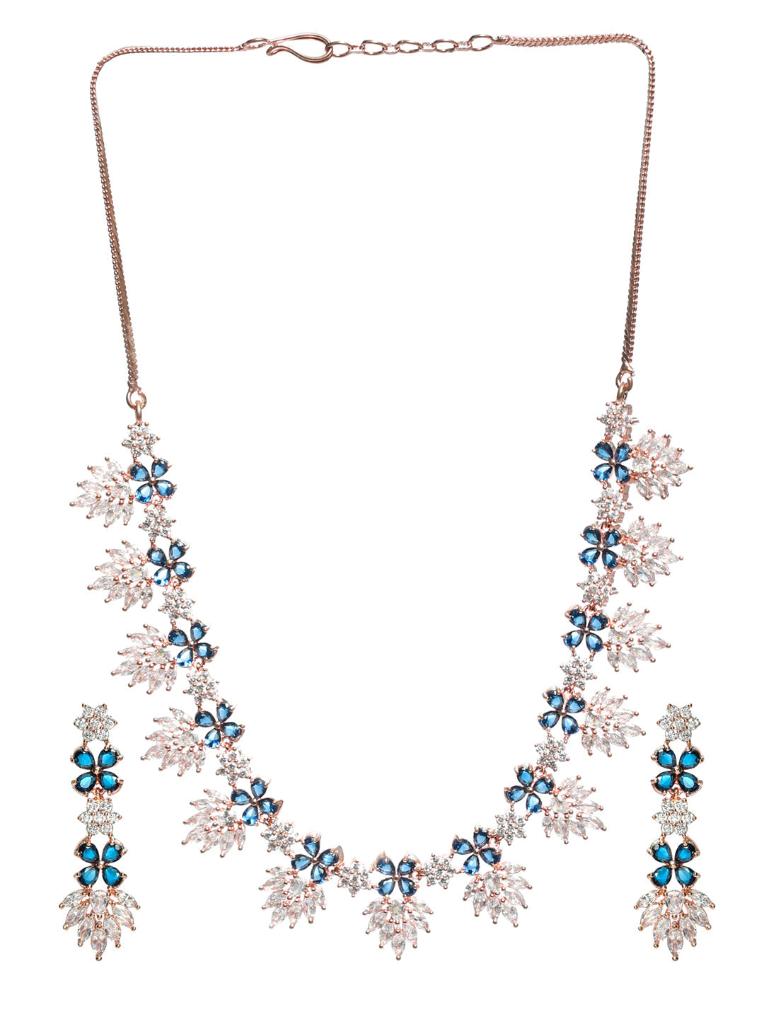Rose Gold-Plated Blue & White Ameriacna Diamond & Cz-Studded Floral Jewellery Set