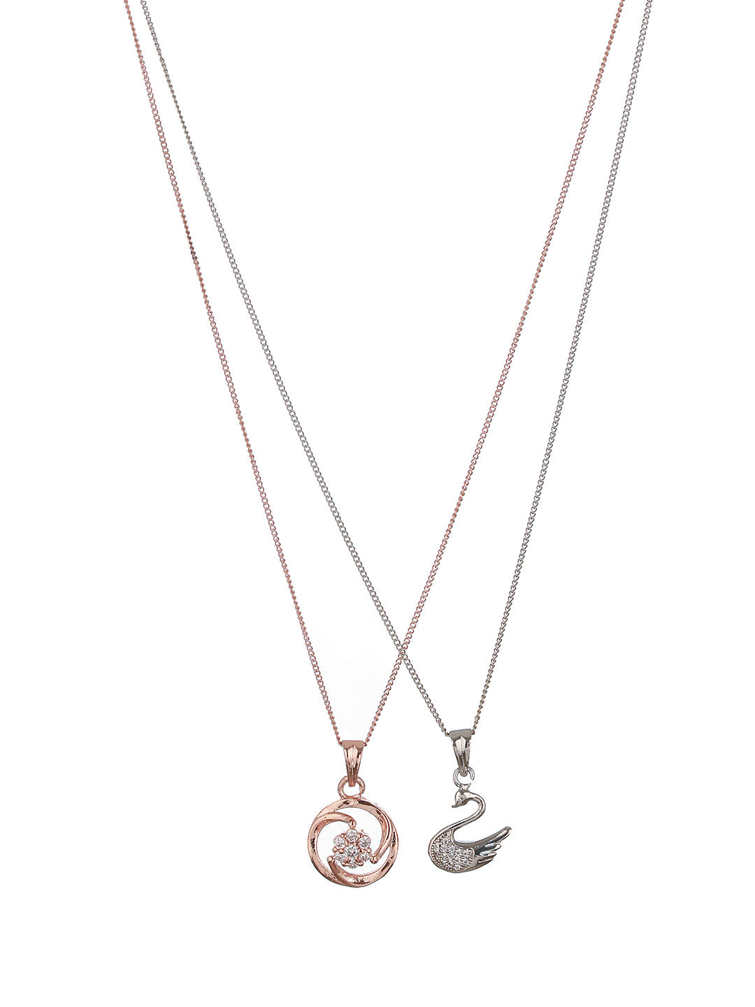Set Of 2 Rose Gold Plated & Silver Plated Cz-Studded Pendant Chain