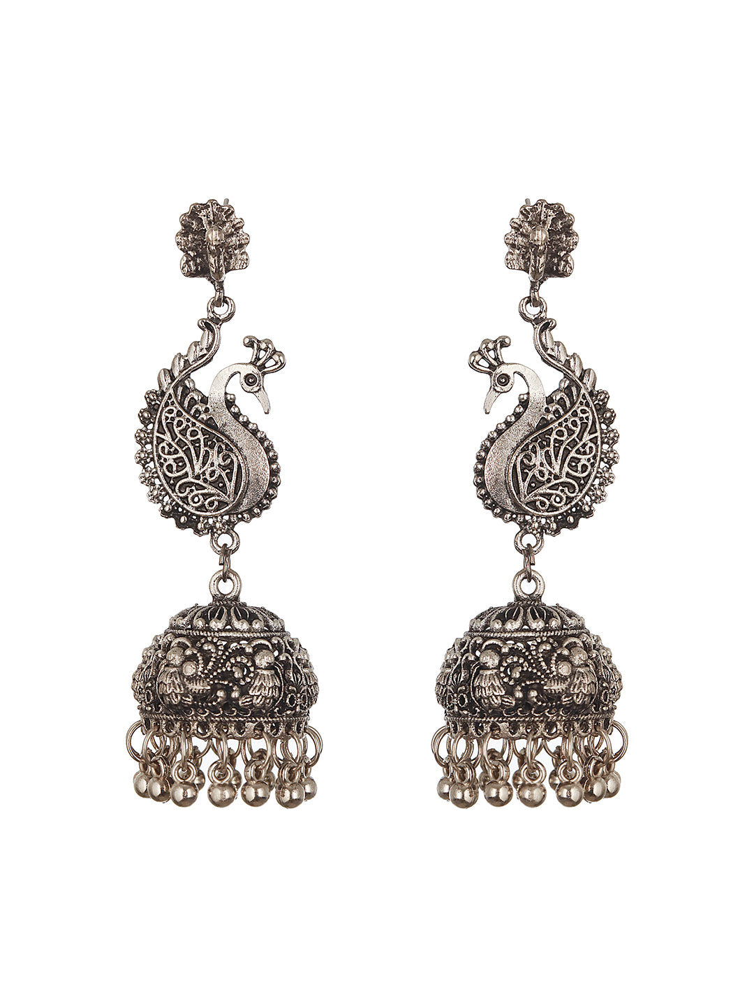 Oxidised Silver-Plated Peacock Shaped Jhumkas
