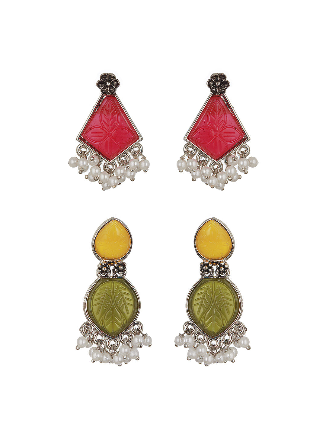 Set Of 2 Gold-Plated Yellow & Green Geometric Drop Earrings