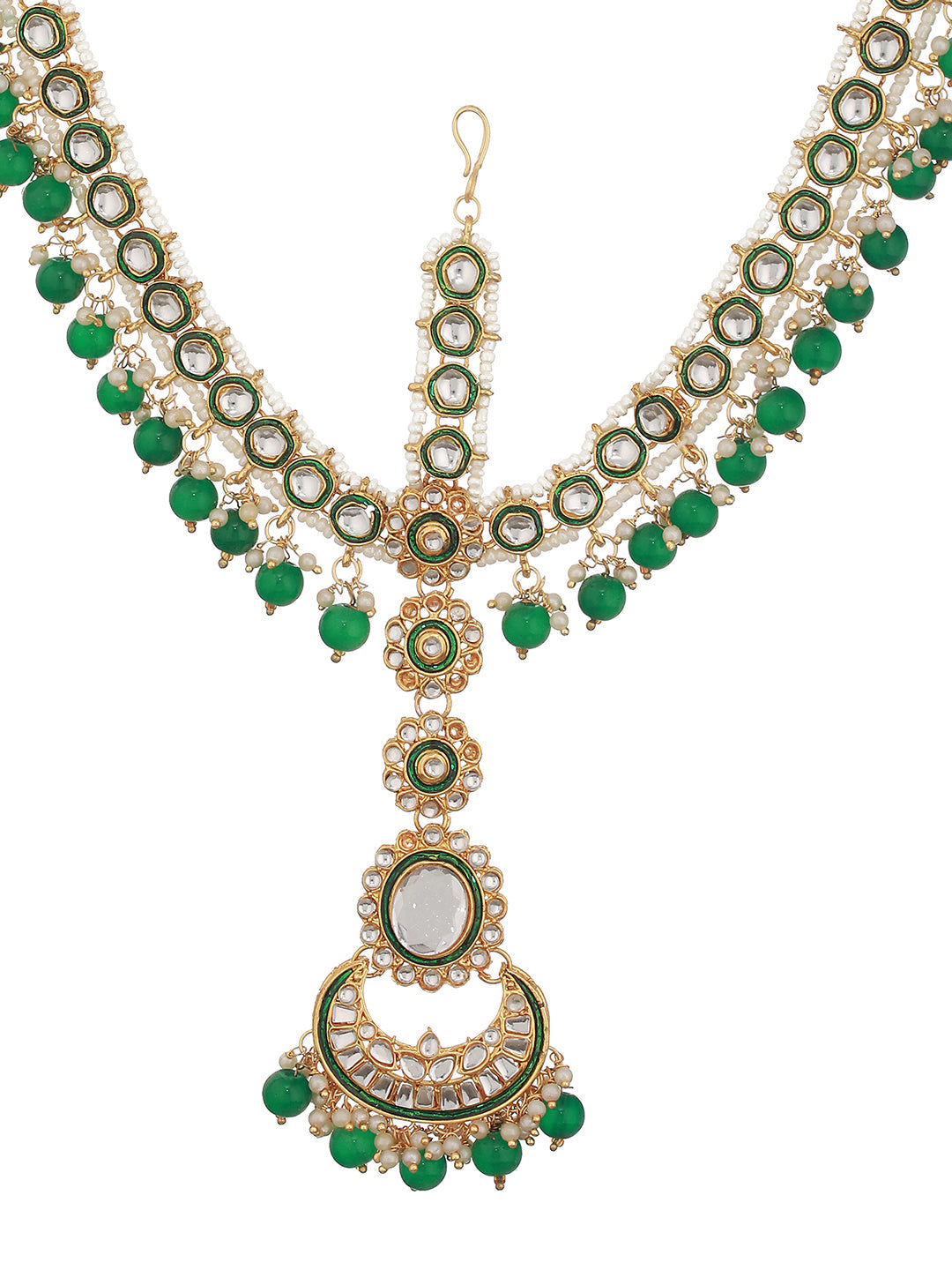 Gold-Plated Green & White Kundan-Studded & Pearls Beaded Sheeshphool Mathapatti