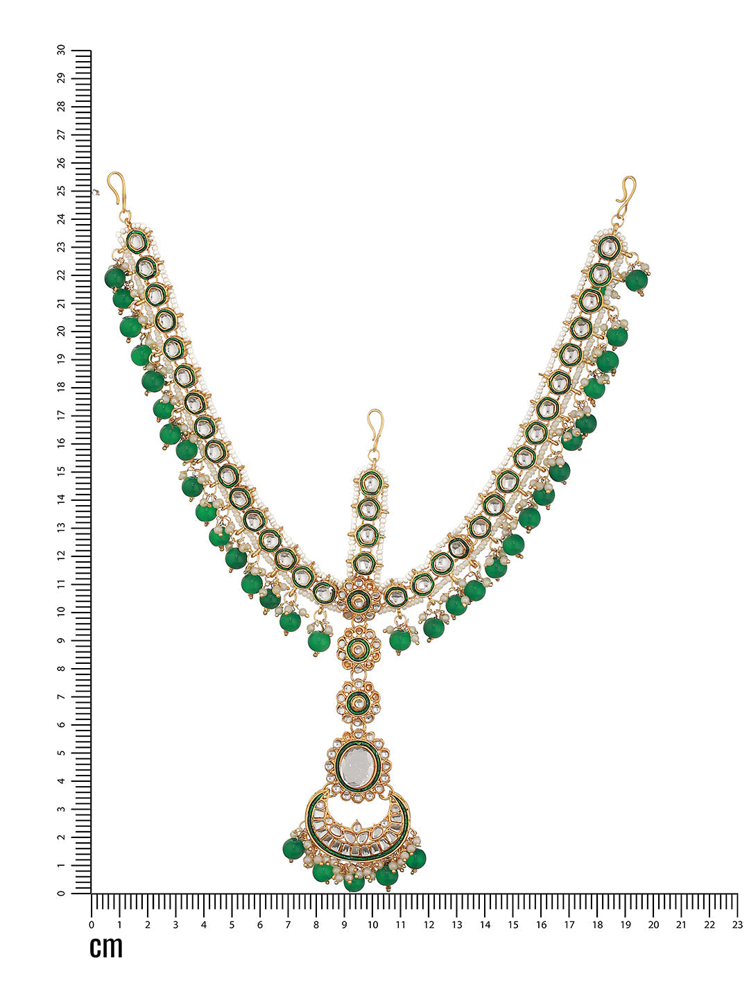Gold-Plated Green & White Kundan-Studded & Pearls Beaded Sheeshphool Mathapatti