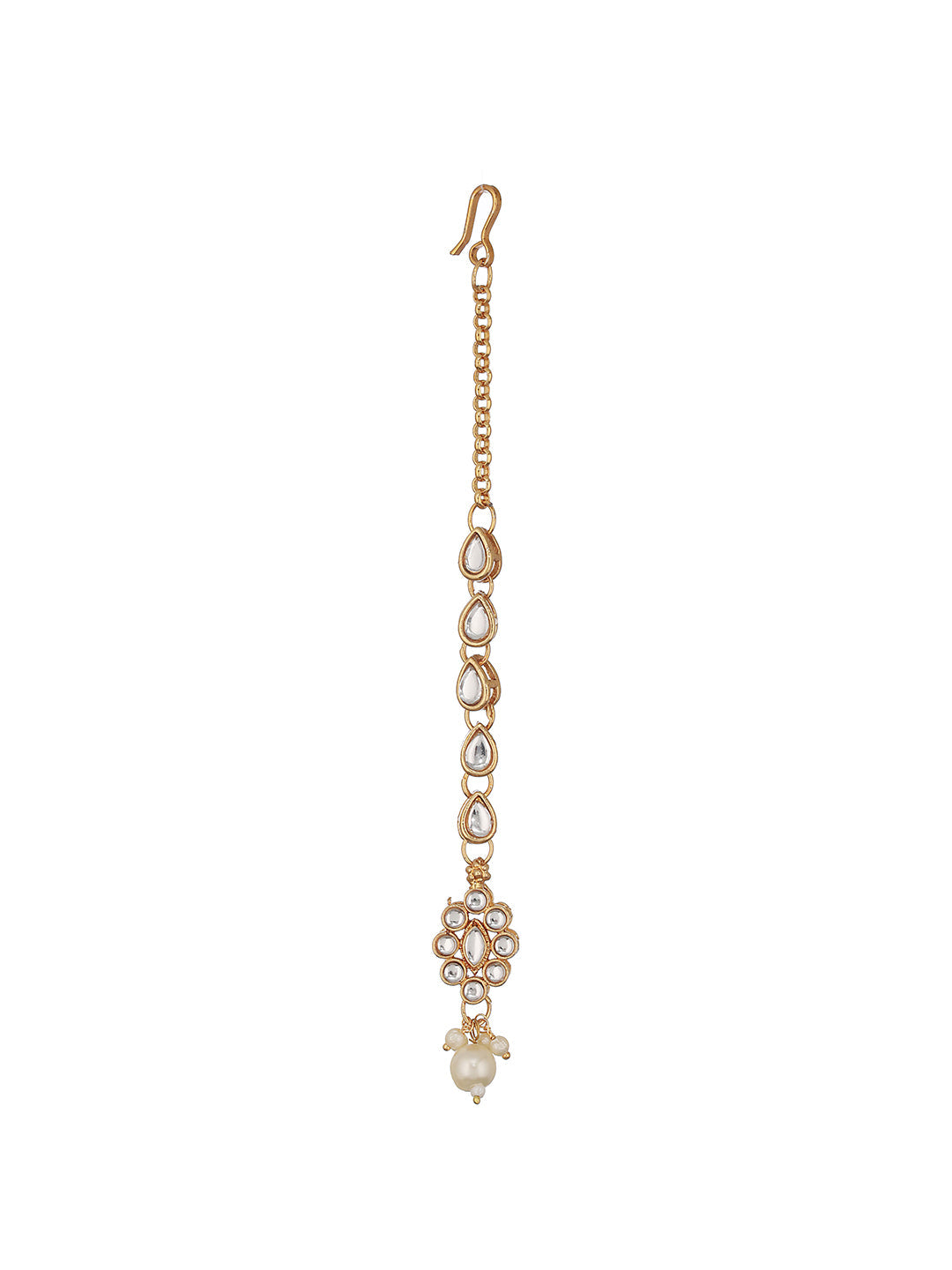 Gold-Plated White Kundan Studded & Beaded Maang Tikka