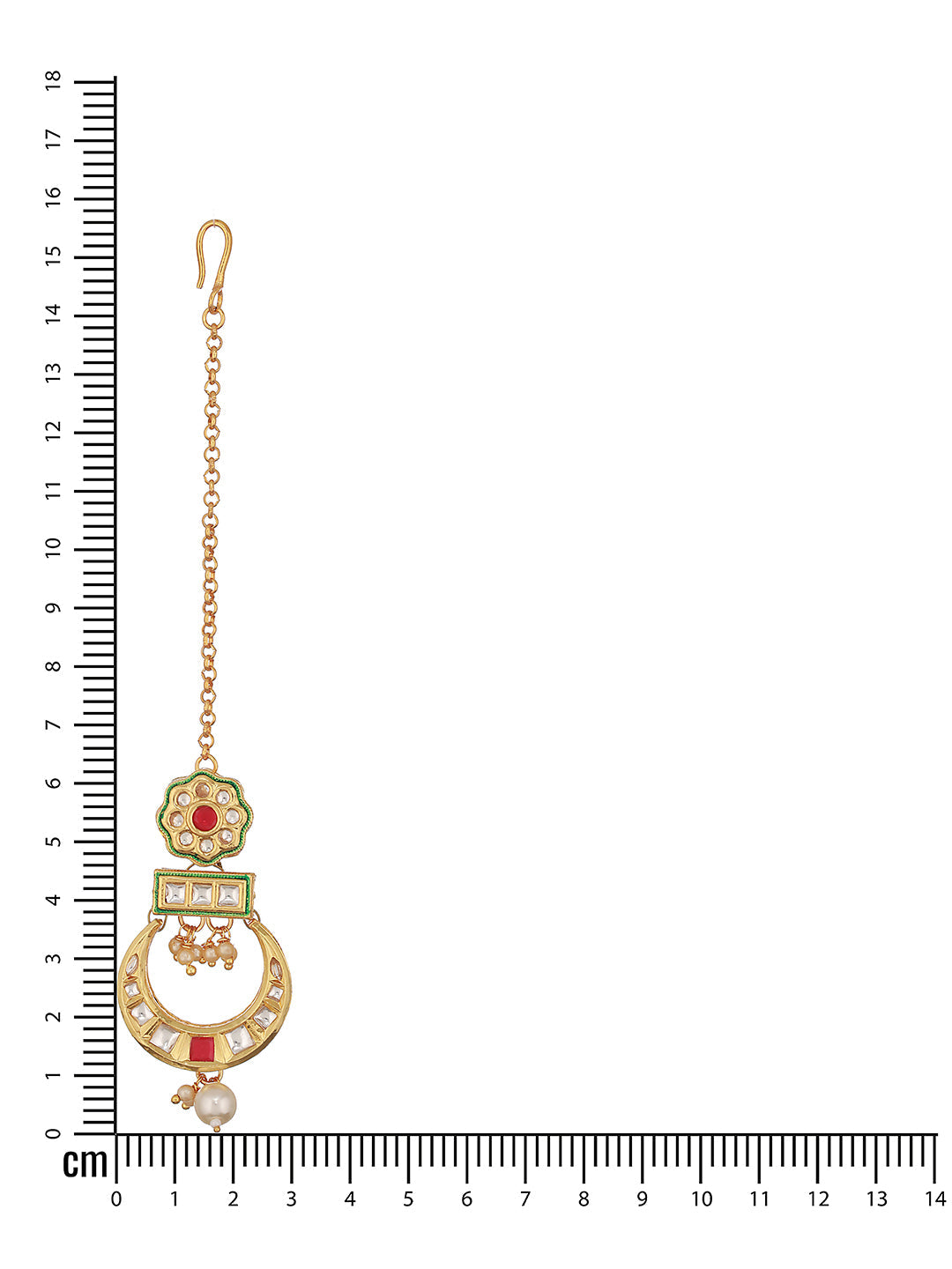 24K Gold-Plated Red & White Kundan & Green Meenakari Maangtika.