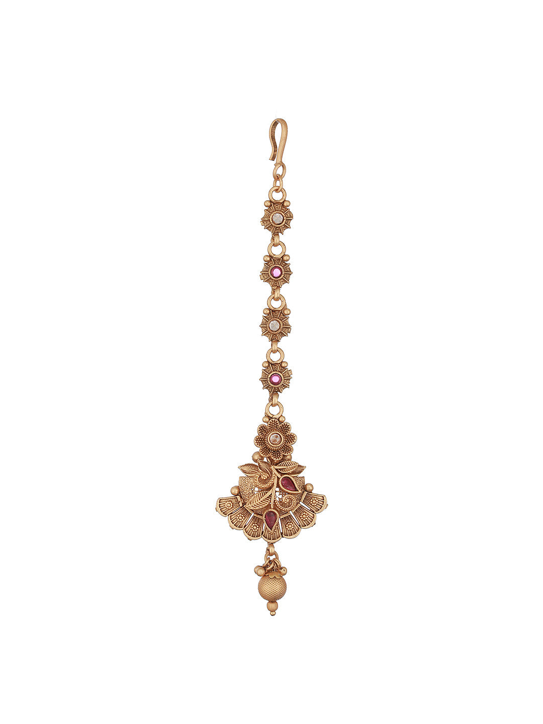 Gold-Plated Pink Stone Studded Handcrafted Temple Maang Tikka