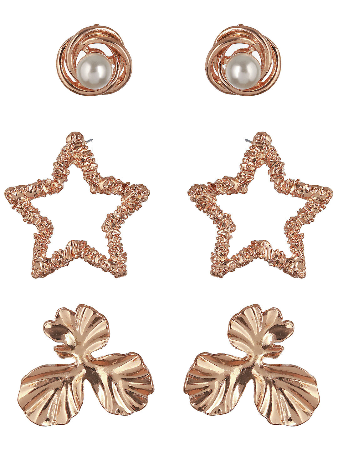 Set Of 3 Gold Plated Star & Floral Shaped Stud Earrings