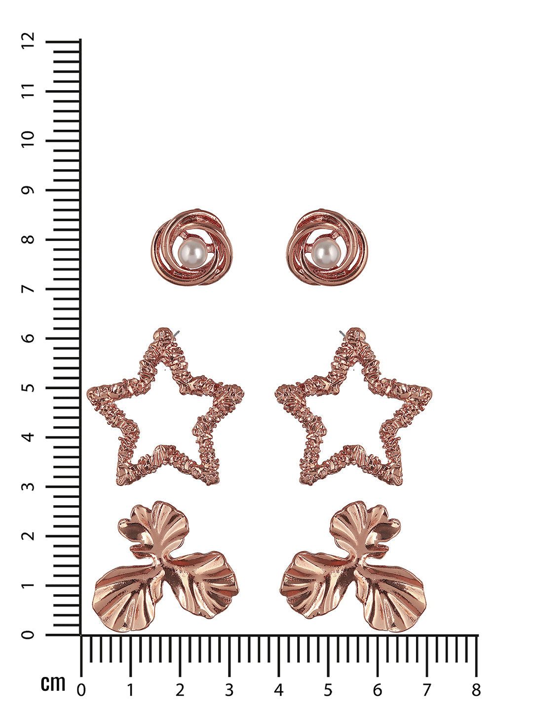 Set Of 3 Rose Gold Plated Star & Floral Shaped Stud Earrings