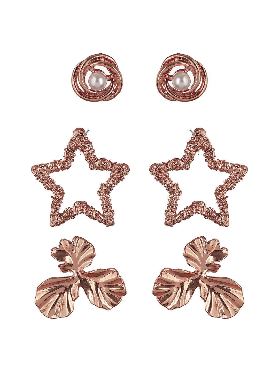 Set Of 3 Rose Gold Plated Star & Floral Shaped Stud Earrings