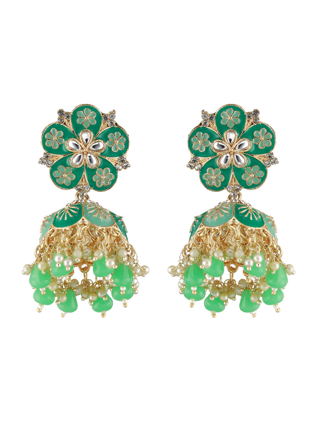Gold-Plated & Sea Green Dome Shaped Jhumkas