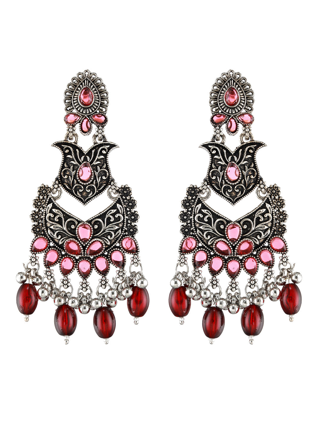 Silver-Toned & Red Classic Chandbalis