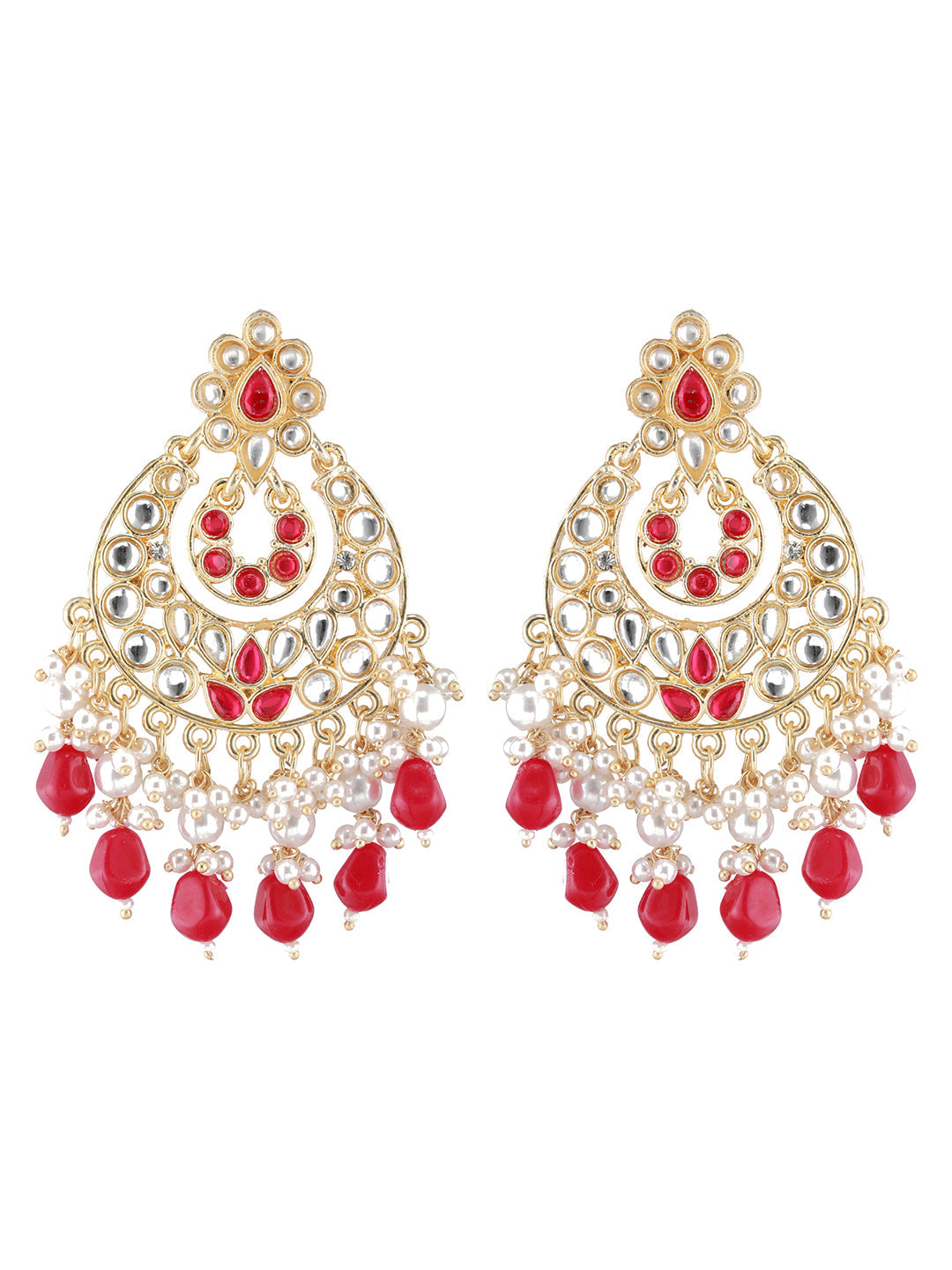 Gold-Plated & Red Kundan Classic Chandbalis Earrings