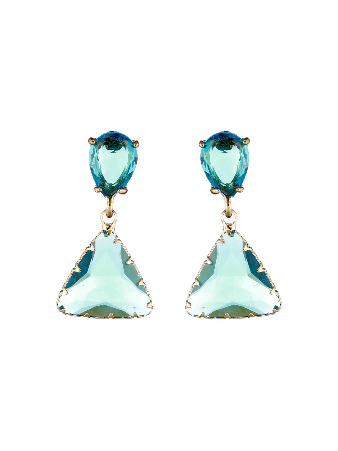 Gold-Plated Teal Colored Transparent Stone Studded Contemporary Tear Drop Earrings
