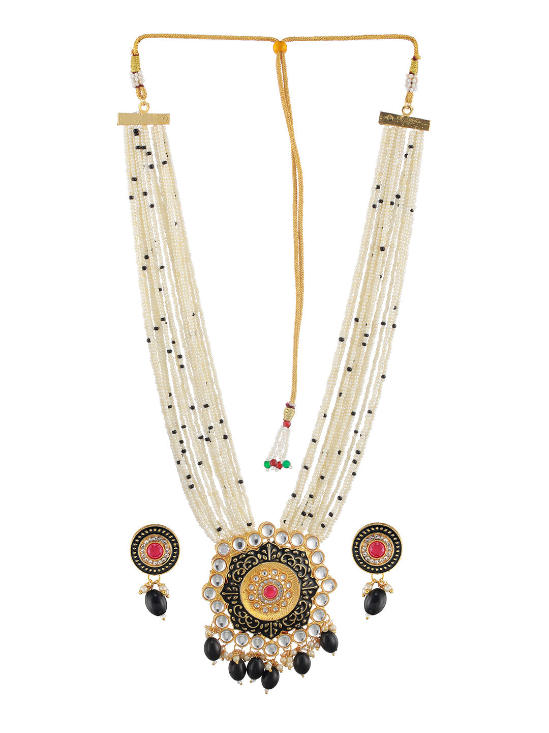 Gold-Plated Stone-Studded & Beaded Meenakari Jewellery Set