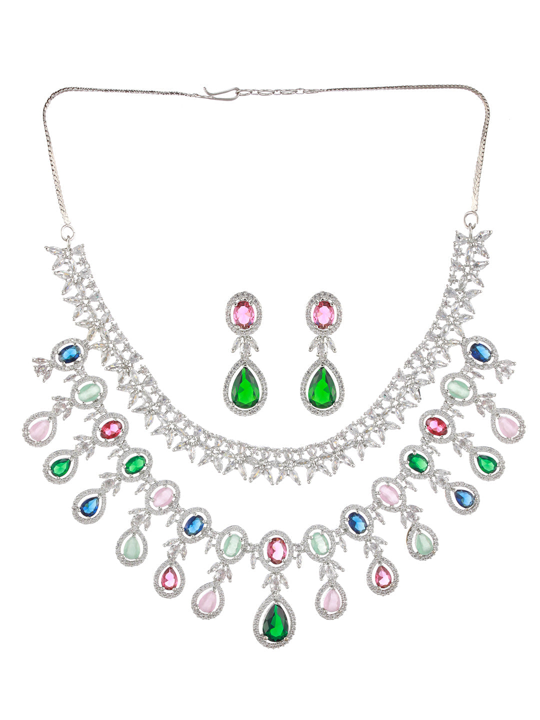 Silver-Plated Ad-Studded & Beaded Layered Jewellery Set