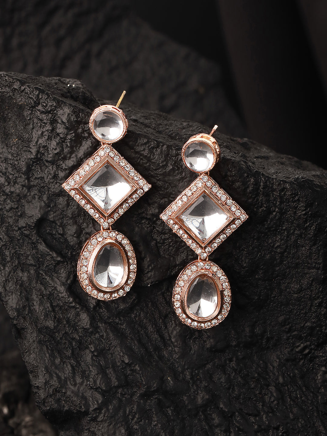 Rosegold-Plated Cz-Studded Handcrafted Geometric Drop Earrings