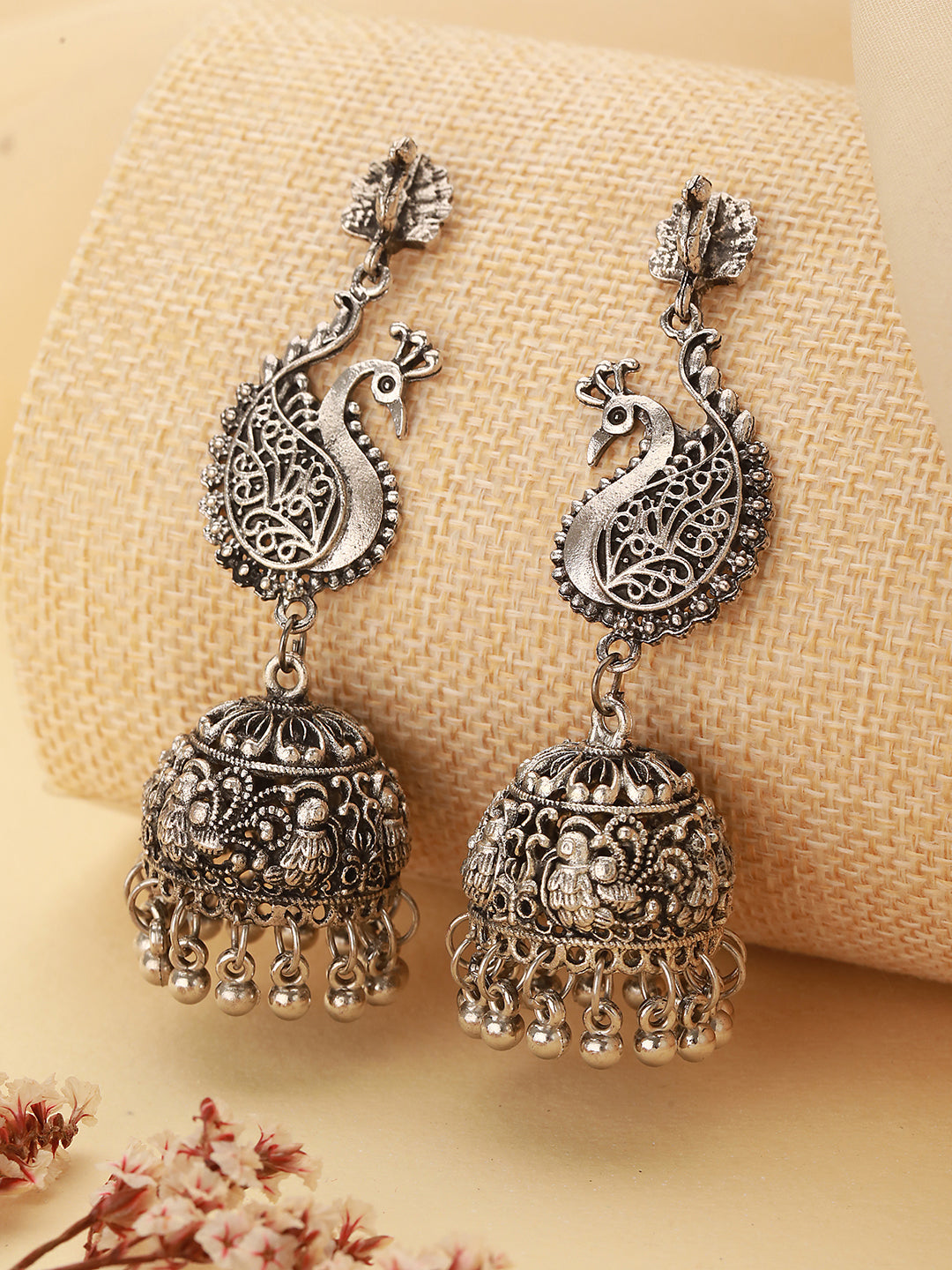 Oxidised Silver-Plated Peacock Shaped Jhumkas