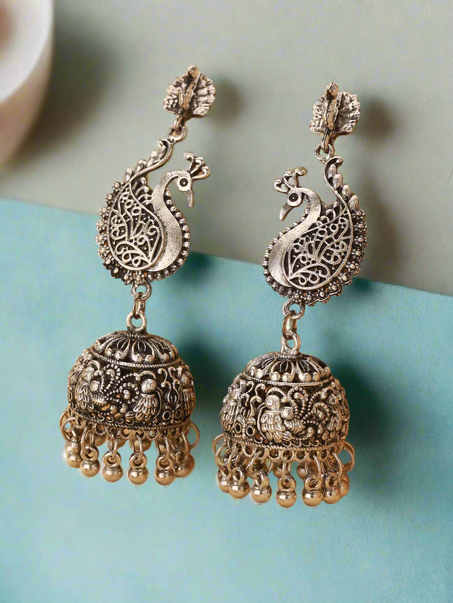 Oxidised Silver-Plated Peacock Shaped Jhumkas