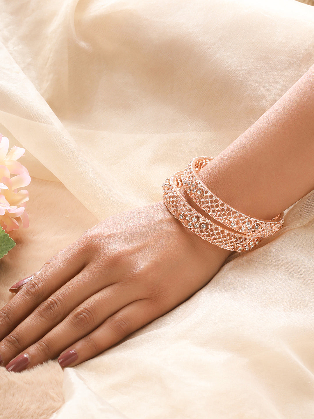 Set Of 2 Rose Gold-Plated Cubic Zirconia Studded Bangle