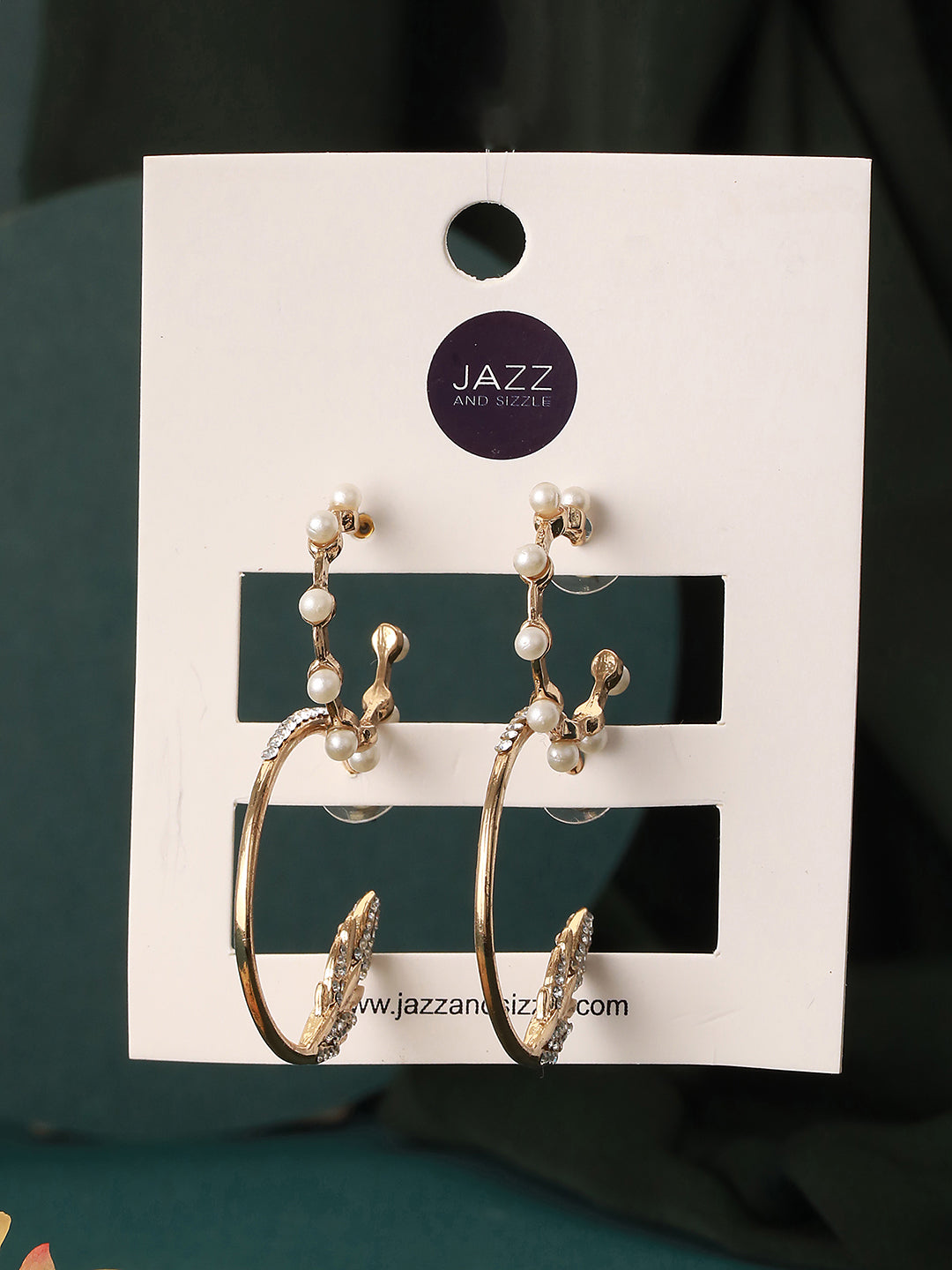 Set Of 2 Cz & Pearl Studded Gold-Toned Half Hoop Earrings