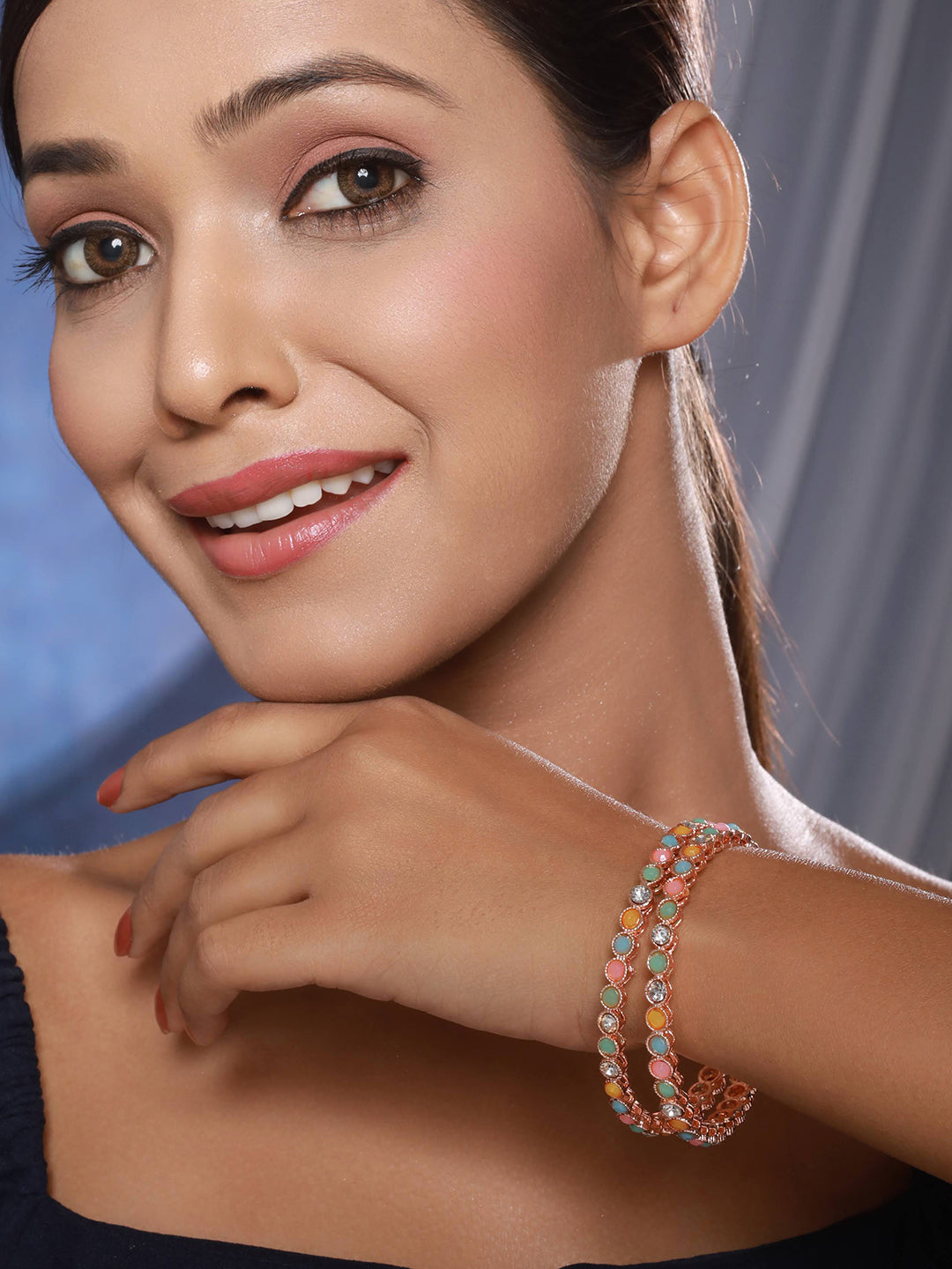 Set Of 2 Rose Gold-Plated Cz & Ad-Studded Bangles