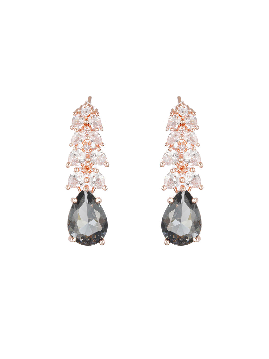 Rose Gold-Plated & Grey Ad-Studded Handcrafted Teardrop Drop Earrings