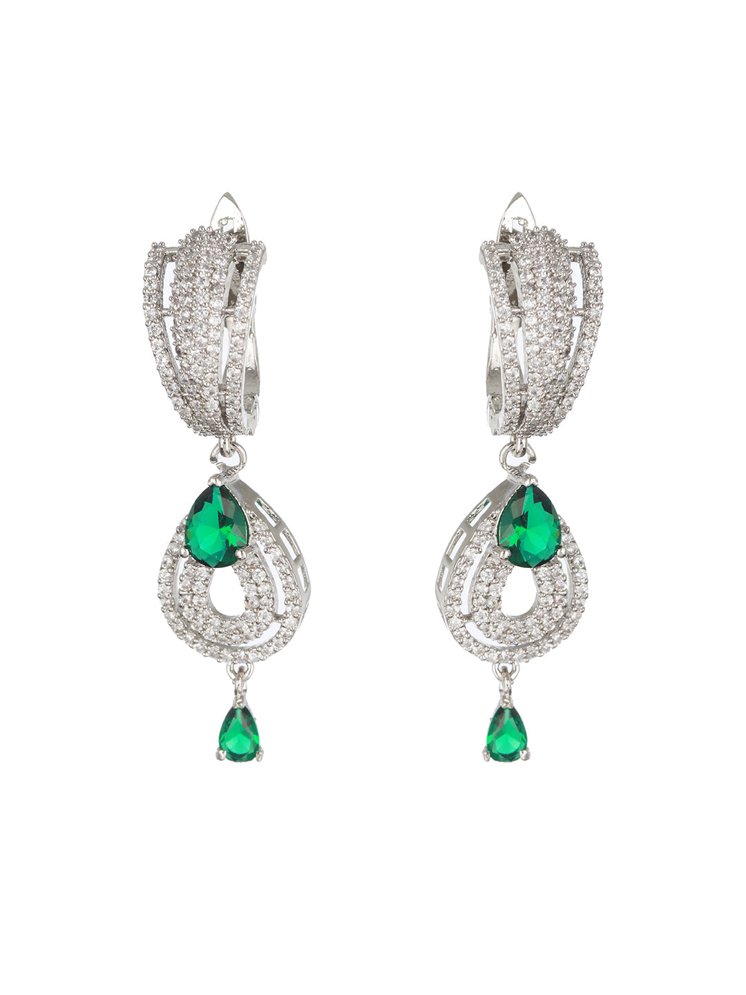 Green & White Rhodium Plated Ad Studded Teardrop Earrings