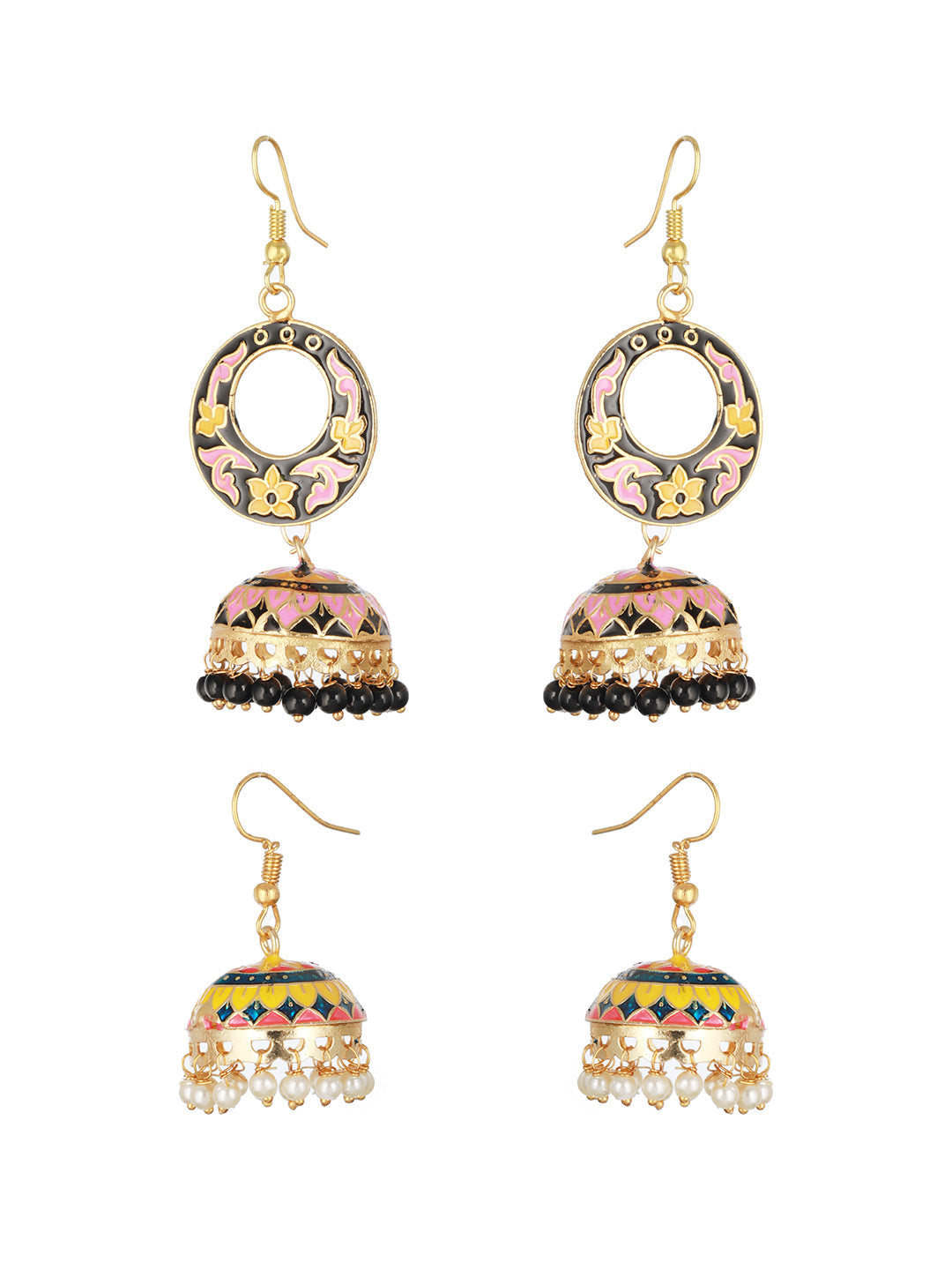 Set Of 2 Pink & Yellow Gold Plated Contemporary Meenakari Jhumkas Earrings