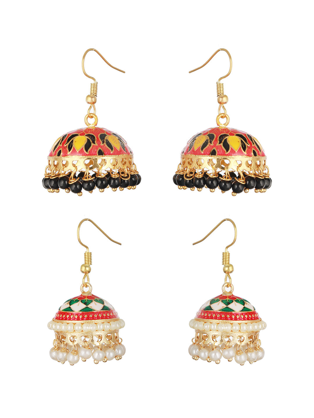 Set Of 2 Pair Pink & White Gold Plated Meenakari Jhumkas Earrings