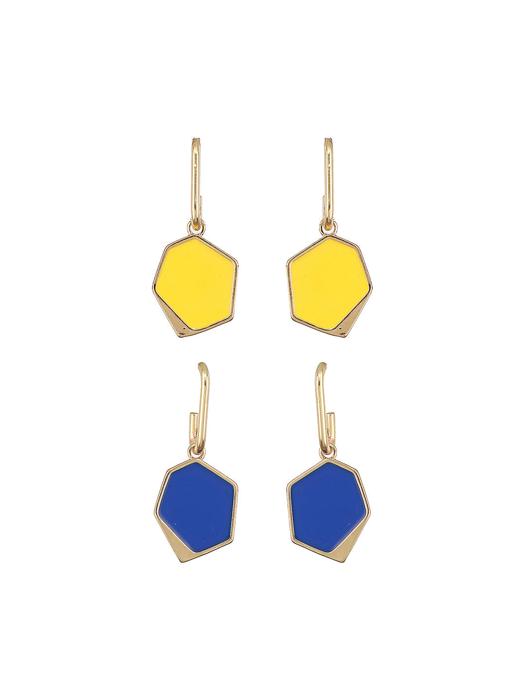 Gold-Toned Blue & Yellow Stone-Studded Contemporary Drop Earrings
