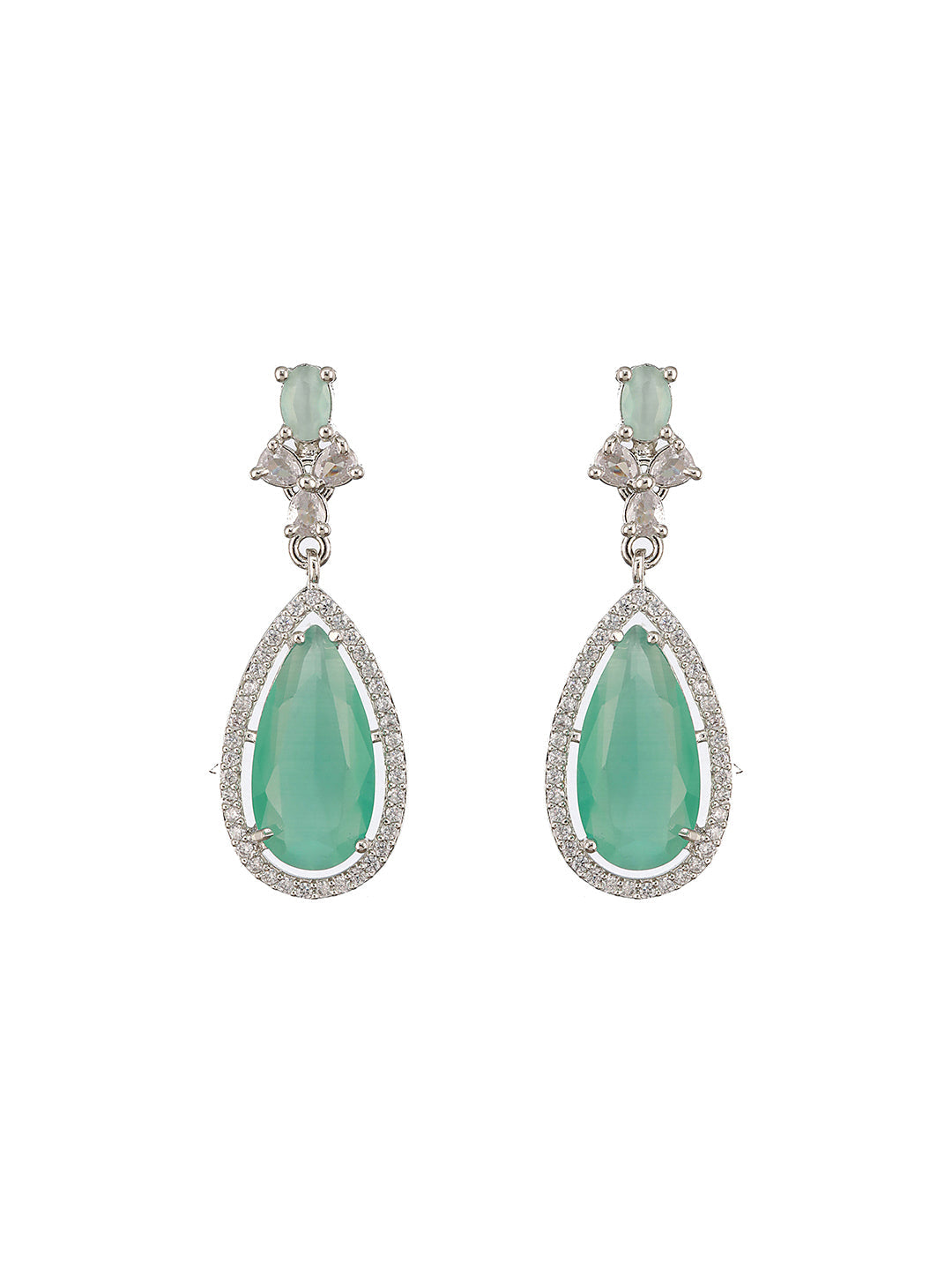 Rhodium-Plated Mint Green American Diamond Studded Handcrafted Jewelry Set