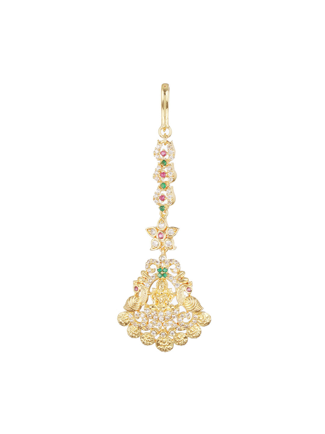 Gold-Plated White & Red Ad Studded & Pearl Peacock Maang Tikka