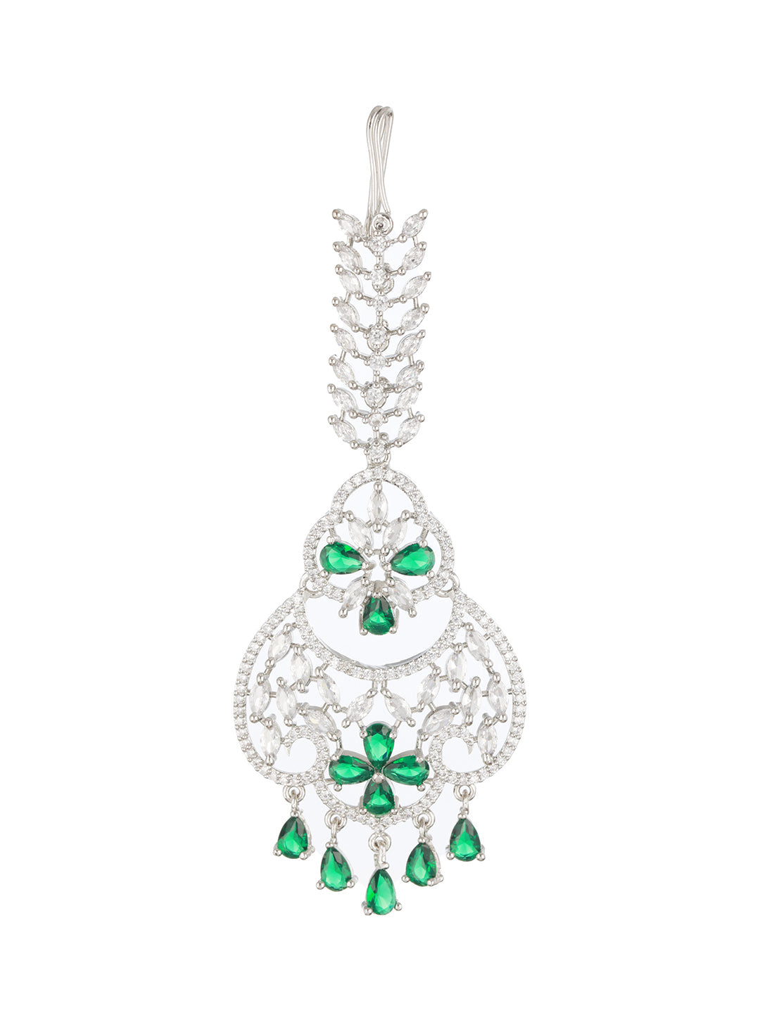 Silver-Plated & Green American Diamond & White Cz-Studded Handcrafted Maang Tikka