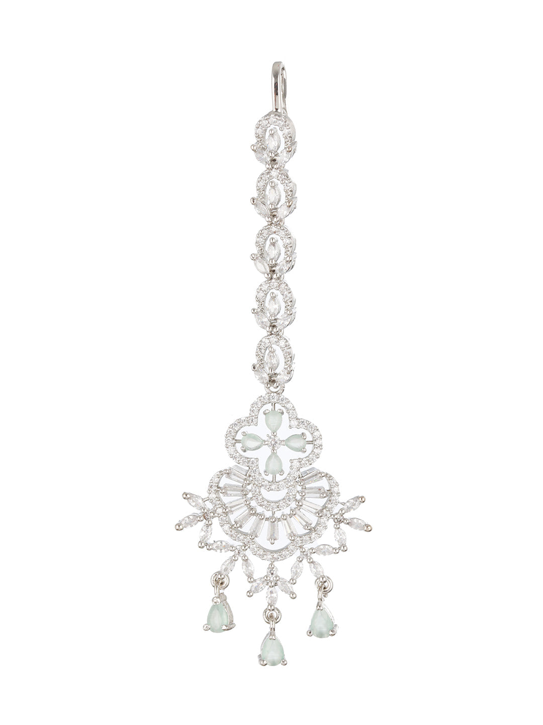 Rhodium-Plated Green & White Ad Studded Maang Tikka