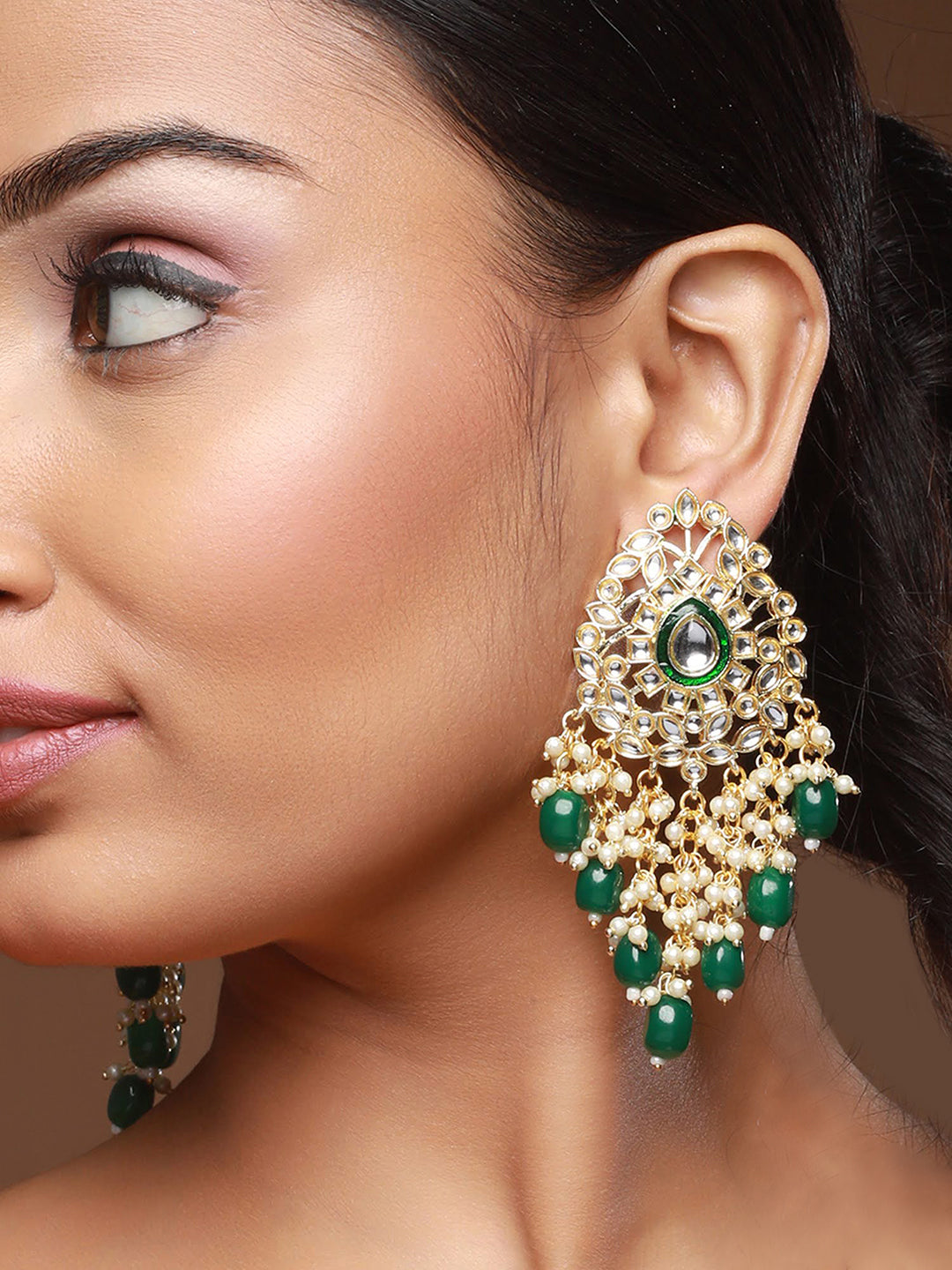 Green Gold Plated Kundan Studded & Beaded Meenakari Drop Earrings