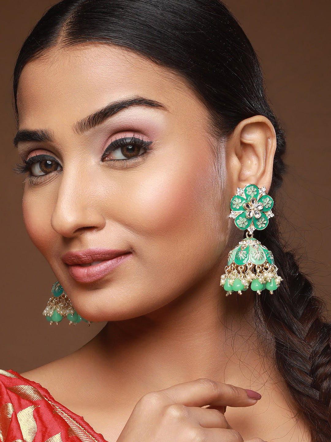 Gold-Plated & Sea Green Dome Shaped Jhumkas