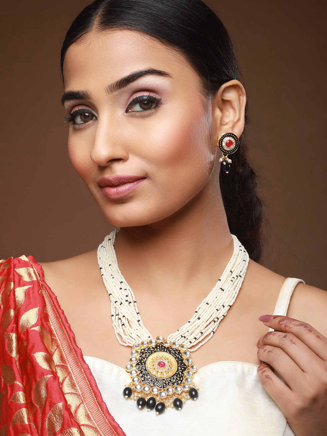 Gold-Plated Stone-Studded & Beaded Meenakari Jewellery Set