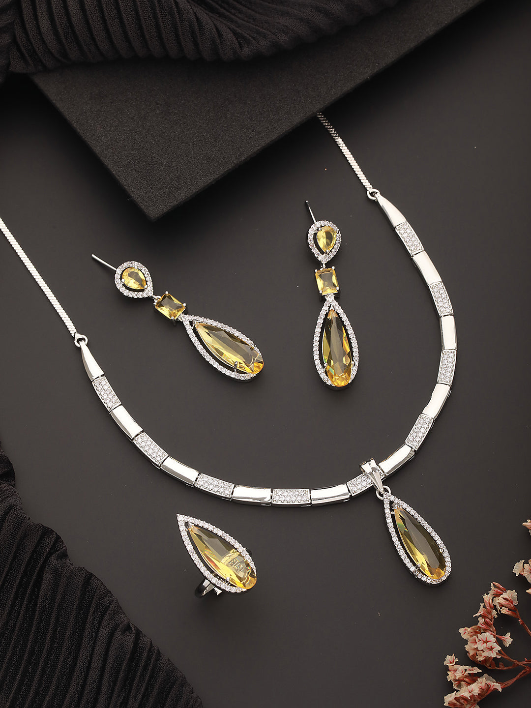 Jazz And Sizzle Rhodium-Plated Yellow American Diamond Studded Handcrafted Necklace & Earrings Set with Adjustable Ring