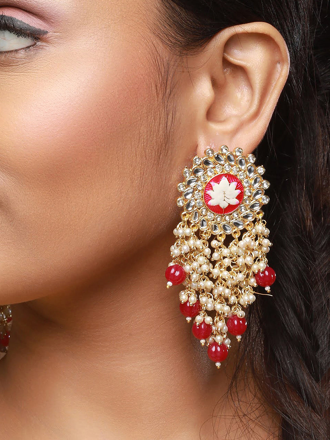 Maroon Gold Plated &Cz Studded & Beaded Meenakari Drop Earrings