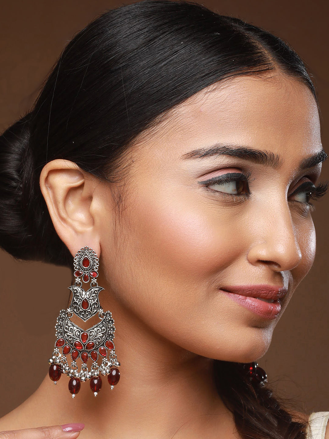 Silver-Toned & Red Classic Chandbalis