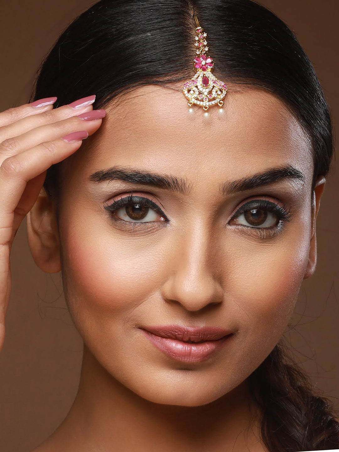 Gold-Plated Ad-Studded & Beaded Maang Tikka
