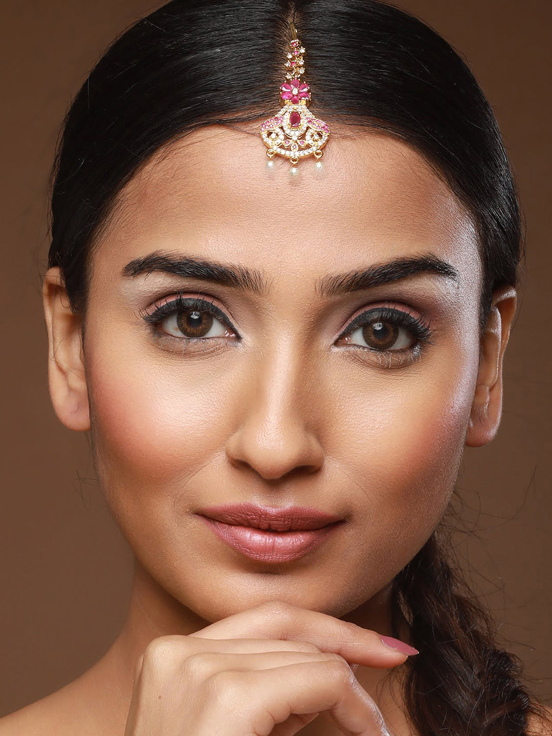 Gold-Plated Maroon & White Ad-Studded & Beaded Handcrafted Maangtikka